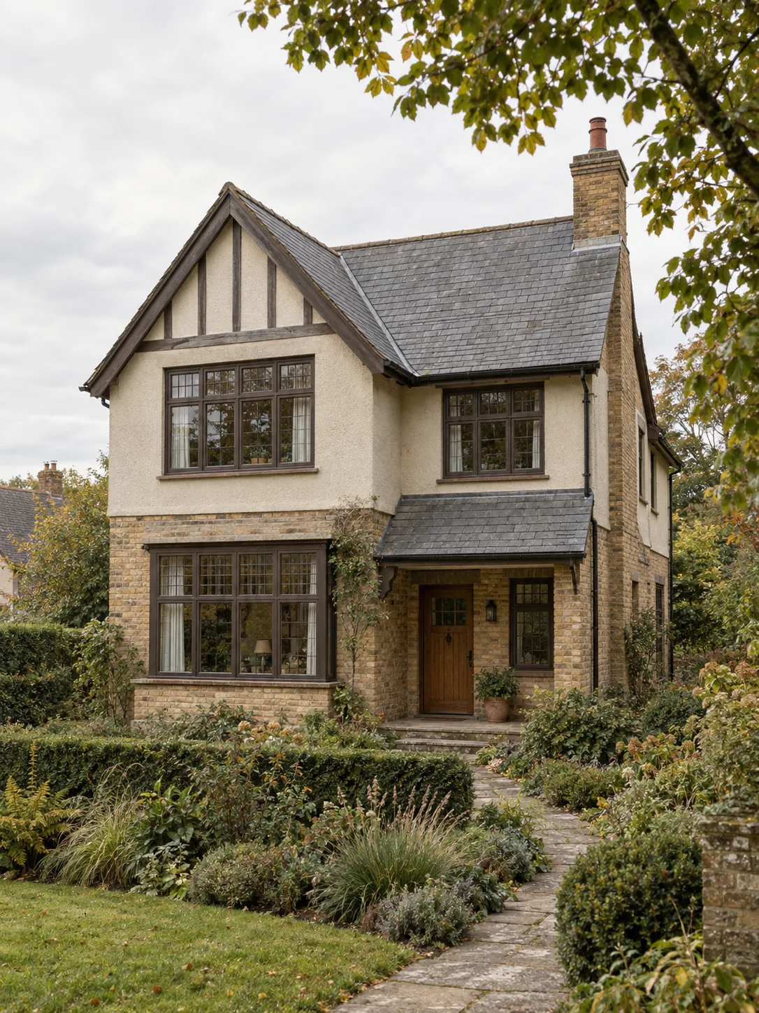 Illustrative English home with slate roof, pale brick and a leafy garden