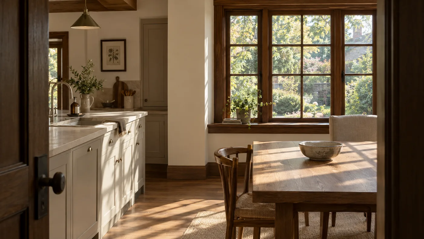 Illustrative sunlit kitchen with an oak table and views of a garden